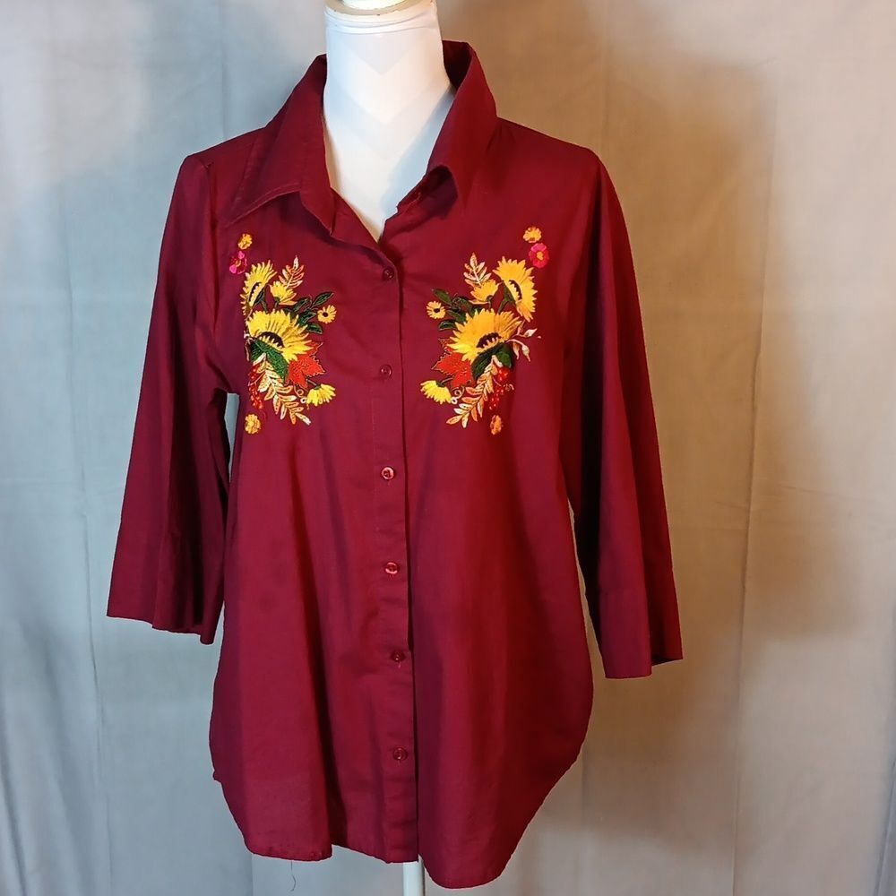 Collections Etc. Maroon Button Down Shirt with Floral Embroidery - Picture 6 of 6